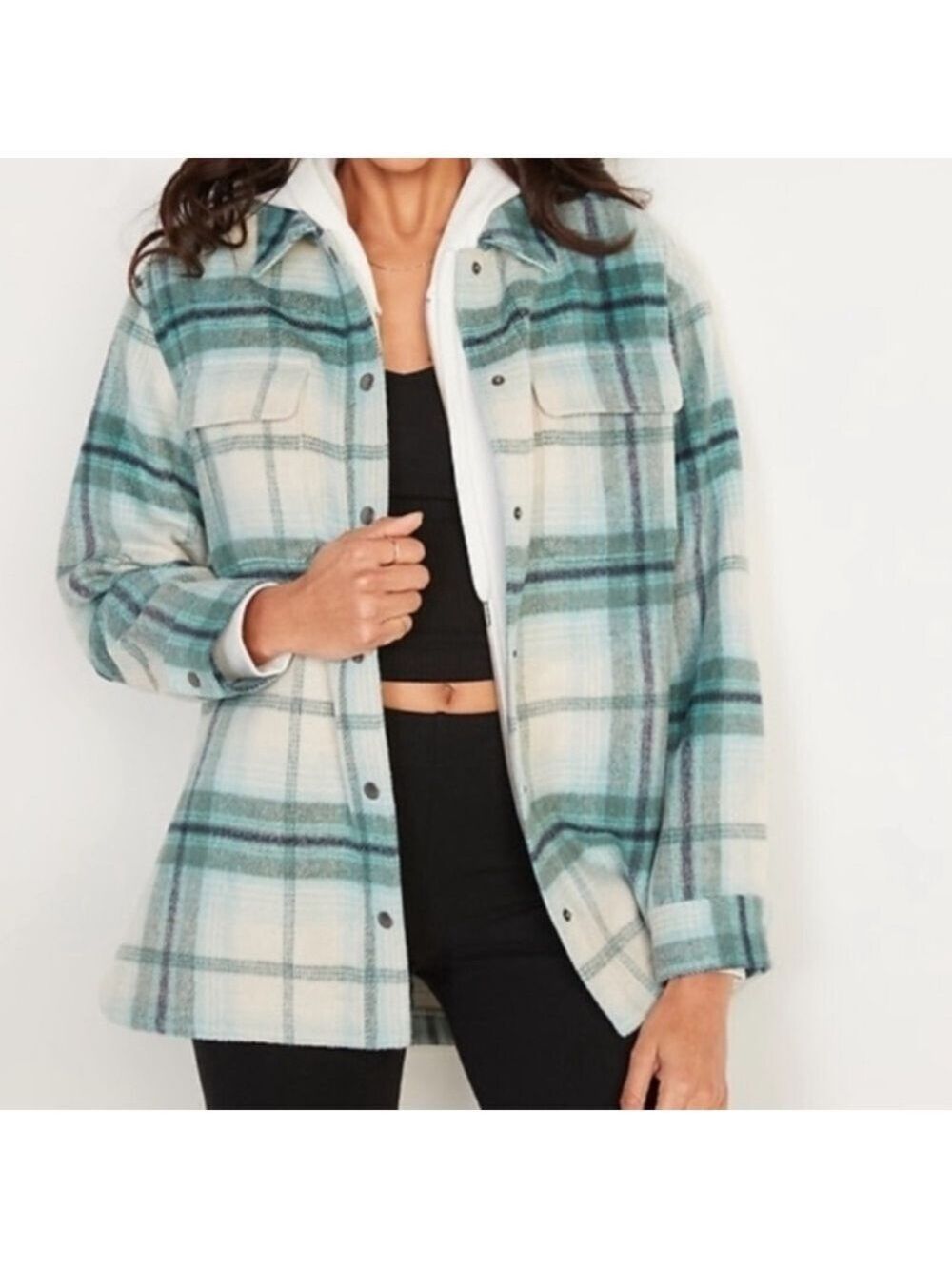 Old Navy Transitional Soft Brushed Plaid Utility Shacket in Green